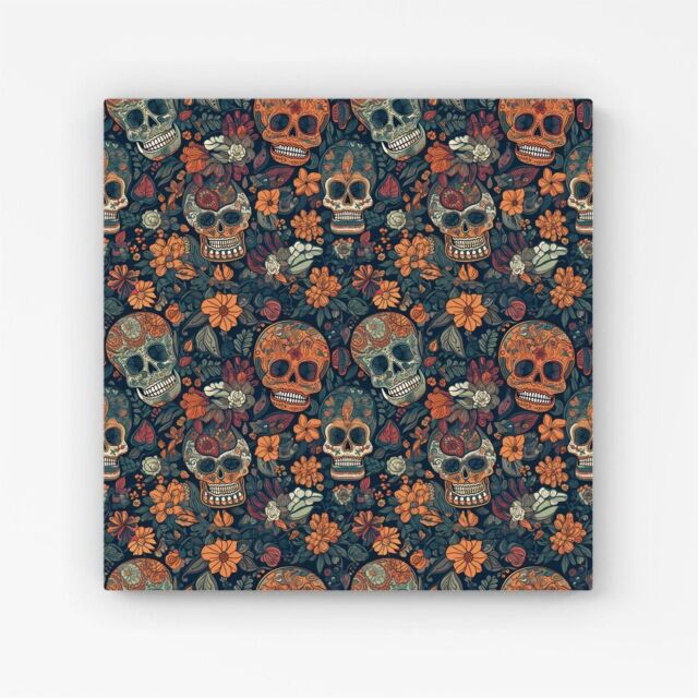 "Warren Reed - Designer Dia De Los Muertos Skulls Canvas in Orange - Size: W30"" x H30""" - image 1