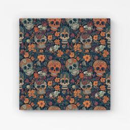 "Warren Reed - Designer Dia De Los Muertos Skulls Canvas in Orange - Size: W30"" x H30""" - thumbnail 1