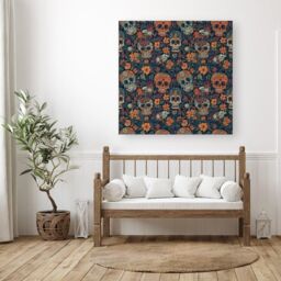"Warren Reed - Designer Dia De Los Muertos Skulls Canvas in Orange - Size: W30"" x H30""" - thumbnail 3