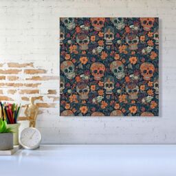 "Warren Reed - Designer Dia De Los Muertos Skulls Canvas in Orange - Size: W30"" x H30""" - thumbnail 2
