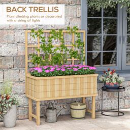 OUTSUNNY Wood Raised Planter w/ Trellis Drain Holes Elevated Garden Bed in Natural - thumbnail 4