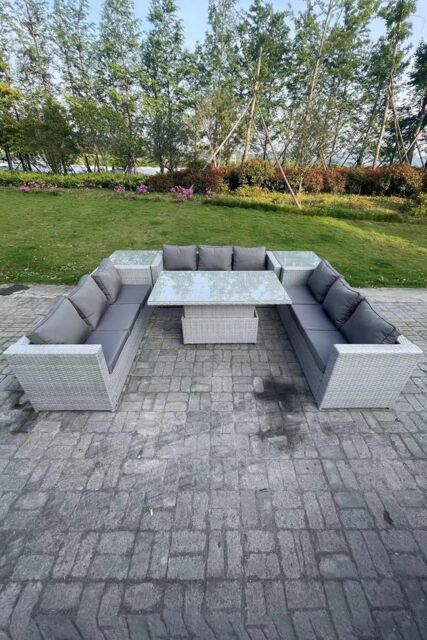 Fimous U Shape Rattan Garden Furniture Set Adjustable Rising Lifting Table 2 PC Side Coffee Tea Table in Light Grey - image 1