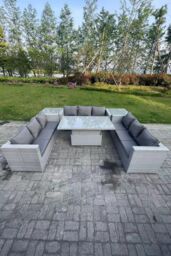 Fimous U Shape Rattan Garden Furniture Set Adjustable Rising Lifting Table 2 PC Side Coffee Tea Table in Light Grey - thumbnail 2