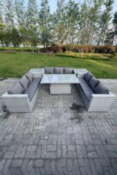 Fimous U Shape Rattan Garden Furniture Set Adjustable Rising Lifting Table 2 PC Side Coffee Tea Table in Light Grey - thumbnail 1