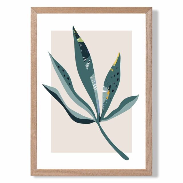 ARTZE Palm Leaf Teal & Green Mid Century Modern Framed Print SIZE: A3 with Oak Frame - Size: A2 - image 1