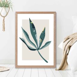 ARTZE Palm Leaf Teal & Green Mid Century Modern Framed Print SIZE: A3 with Oak Frame - Size: A2 - thumbnail 2