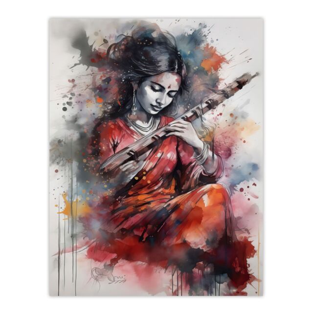 "Artery8 Wall Art Print Woman Playing Classical Indian Folk Music Watercolour Artwork Ragini Musician Portrait Poster in Grey - Size: W24"" x H32""" - image 1