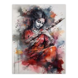"Artery8 Wall Art Print Woman Playing Classical Indian Folk Music Watercolour Artwork Ragini Musician Portrait Poster in Grey - Size: W24"" x H32""" - thumbnail 1