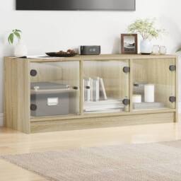 Berkfield Home TV Cabinet with Glass Doors Sonoma Oak 102x37x42 cm in Light Beige - Size: 102 x 37 x 42 cm - thumbnail 2