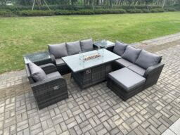 Fimous Rattan Outdoor Furniture Gas Fire Pit Rectangle Dining Table Gas Heater Reclining Chair Sets with Big Footstool 2 Side Tables in Dark Grey - thumbnail 3