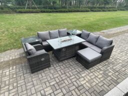 Fimous Rattan Outdoor Furniture Gas Fire Pit Rectangle Dining Table Gas Heater Reclining Chair Sets with Big Footstool 2 Side Tables in Dark Grey - thumbnail 1