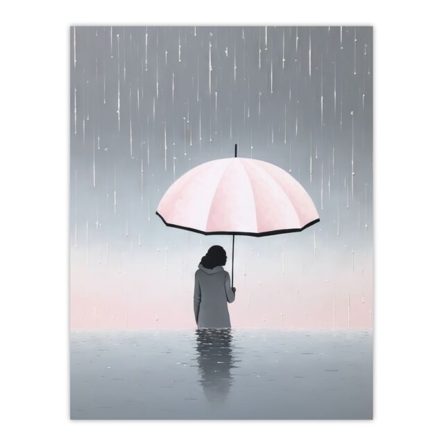 Artery8 Wall Art Print Too Much Rain By Amy Denver Minimalist Soft Pastel Umbrella Brolly Pink Minimalism Simple Modern Artwork Poster - image 1