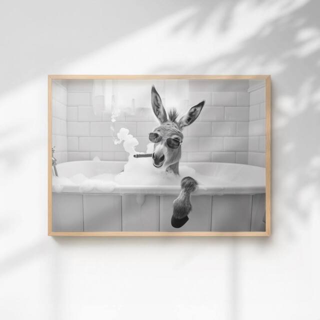60 SECOND MAKEOVER Donkey Smoking A Cigar In The Bath Quirky Animal Print - Size: A4 - image 1
