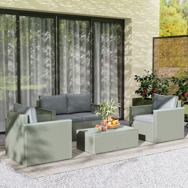 OUTSUNNY 4 Piece Rattan Garden Furniture Set with Cushions, Light Grey - image 1