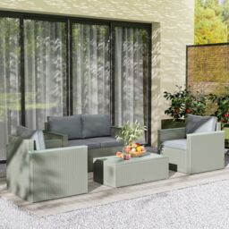 OUTSUNNY 4 Piece Rattan Garden Furniture Set with Cushions, Light Grey - thumbnail 1