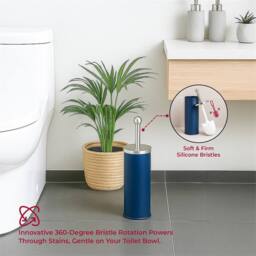 VOGREX Blue Stainless Steel Toilet Brush Set Matt Holder Cup - thumbnail 3