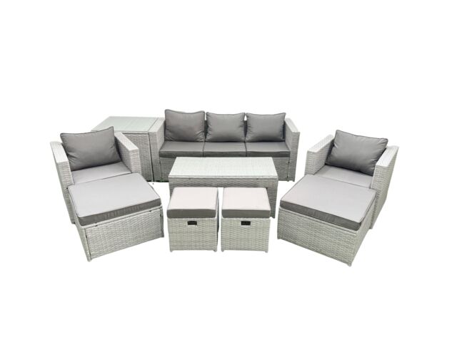 Fimous Outdoor Rattan Garden Furniture Set with Grey Cushions Luxury 9 Seater with 2 Chairs & Coffee Table For Conservatory, Patio in Light Grey - image 1
