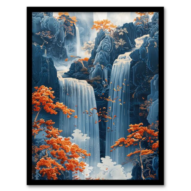Artery8 Wall Art Print Chinese Style Waterfall Landscape Autumn Trees Art Framed Poster in Black - Size: A4 - image 1