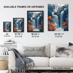 Artery8 Wall Art Print Chinese Style Waterfall Landscape Autumn Trees Art Framed Poster in Black - Size: A4 - thumbnail 3
