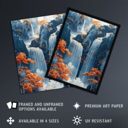 Artery8 Wall Art Print Chinese Style Waterfall Landscape Autumn Trees Art Framed Poster in Black - Size: A4 - thumbnail 2