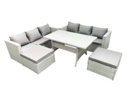 Fimous Rattan Garden Furniture Set 8 Seater Outdoor Sofa Set with Dining Table 2 Big Footstools Light Grey Mixed - thumbnail 2