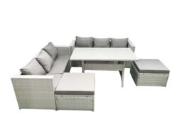 Fimous Rattan Garden Furniture Set 8 Seater Outdoor Sofa Set with Dining Table 2 Big Footstools Light Grey Mixed - thumbnail 1