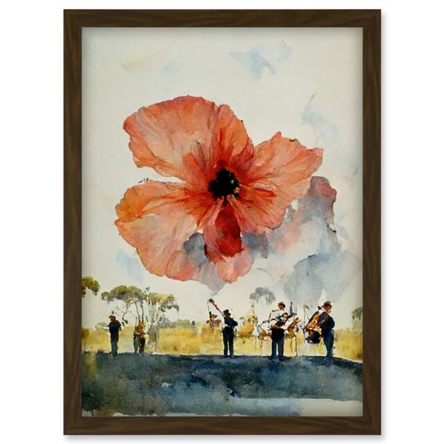 Artery8 Watercolour War Memorial Remembrance Day Poppy Brass Band Artwork Framed Wall Art Print A4 in Brown - image 1
