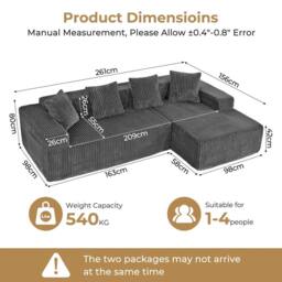 Dprodo 261CM Modular Right L-Shaped Sectional Sofa, 4 Seater Corner Sofa in Grey - thumbnail 2