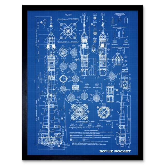 "Artery8 Soyuz Rocket USSR Soviet Space Blue Plan 12x16"" Framed Wall Art Print - Size: W12"" x H16""" - image 1
