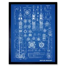 "Artery8 Soyuz Rocket USSR Soviet Space Blue Plan 12x16"" Framed Wall Art Print - Size: W12"" x H16""" - thumbnail 1