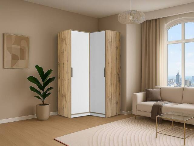 Vente-unique Corner Wardrobe 2 Doors - W106 Cm - White & Light Natural - LAMIKI in Light Oak - image 1
