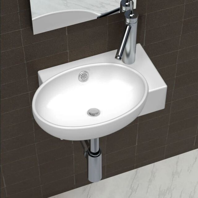 Berkfield Home Ceramic Sink Basin Faucet & Overflow Hole Bathroom White - image 1
