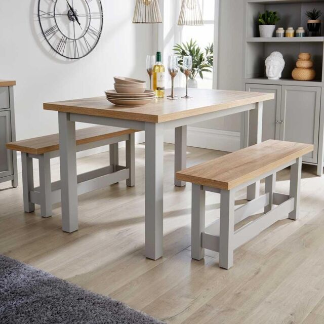 Home Source Oak Breakfast Table & Bench Set of 2 Benches Two Tone Avon 36mm Top in Light Grey - image 1