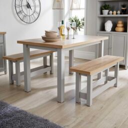 Home Source Oak Breakfast Table & Bench Set of 2 Benches Two Tone Avon 36mm Top in Light Grey