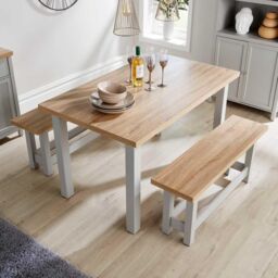 Home Source Oak Breakfast Table & Bench Set of 2 Benches Two Tone Avon 36mm Top in Light Grey - thumbnail 4