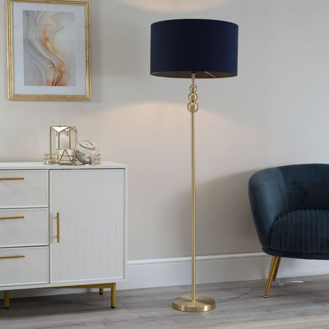 ValueLights Marissa Fabric Drum Shade with Brushed Gold Ball Floor Lamp with Bulb in Navy - image 1