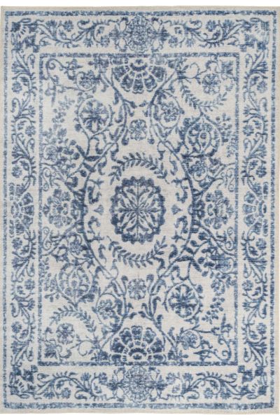 Kukoon Blue Damask Floral Non Slip Washable Low Pile Rug in Mid Blue - Size: 80 cm x 150 cm - image 1