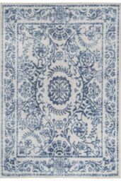 Kukoon Blue Damask Floral Non Slip Washable Low Pile Rug in Mid Blue - Size: 80 cm x 150 cm - thumbnail 1
