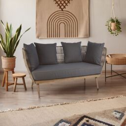 Orsina 2 Seat Rope Sofa, Rope Garden Sofa, Easy to Clean Grey Outdoor Sofa, Back & Armrest Rope Sofa - thumbnail 1