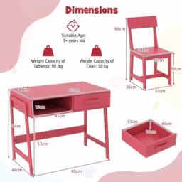 EONLION Desk & Chair Set Study Desk Set in Pink - Size: 100 cm - thumbnail 2