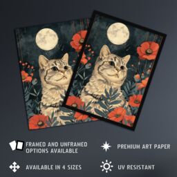 Artery8 Wall Art Print Kitten in Poppies by Moon Cat Lover Animal Nature Art Framed Poster in Black - Size: A4 - thumbnail 2