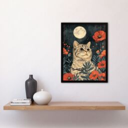 Artery8 Wall Art Print Kitten in Poppies by Moon Cat Lover Animal Nature Art Framed Poster in Black - Size: A4 - thumbnail 4