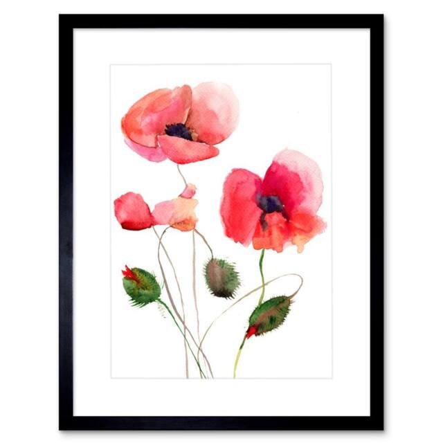 "Artery8 Flower Poppies Watercolour Home Decor 12x16"" Framed Art Print in Red - Size: W12"" x H16""" - image 1