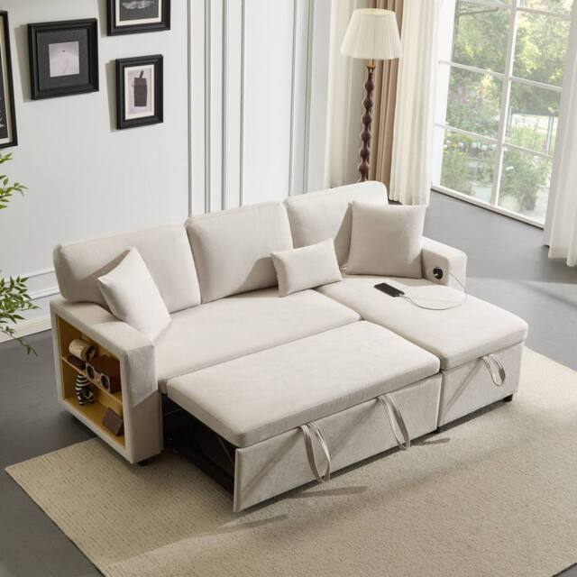 Merax 3-Seater L-Shaped Pull-Out Corner Sofa Bed with USB Port & Shelving in Beige - image 1