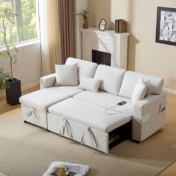 Merax 3-Seater L-Shaped Pull-Out Corner Sofa Bed with USB Port & Shelving in Beige - thumbnail 2