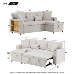 Merax 3-Seater L-Shaped Pull-Out Corner Sofa Bed with USB Port & Shelving in Beige - thumbnail 5