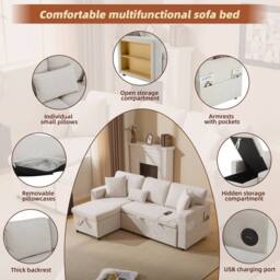 Merax 3-Seater L-Shaped Pull-Out Corner Sofa Bed with USB Port & Shelving in Beige - thumbnail 9