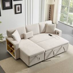 Merax 3-Seater L-Shaped Pull-Out Corner Sofa Bed with USB Port & Shelving in Beige - thumbnail 6
