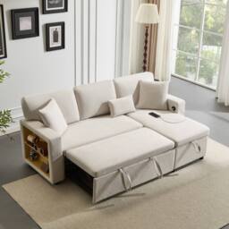 Merax 3-Seater L-Shaped Pull-Out Corner Sofa Bed with USB Port & Shelving in Beige