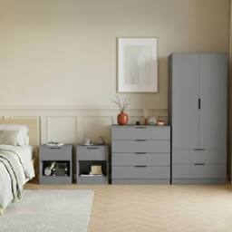 Home Discount Vida Designs Trega 4Pc Bedroom Set (Bedside x2, 4Dr Chest & Wardrobe) in Grey - thumbnail 1